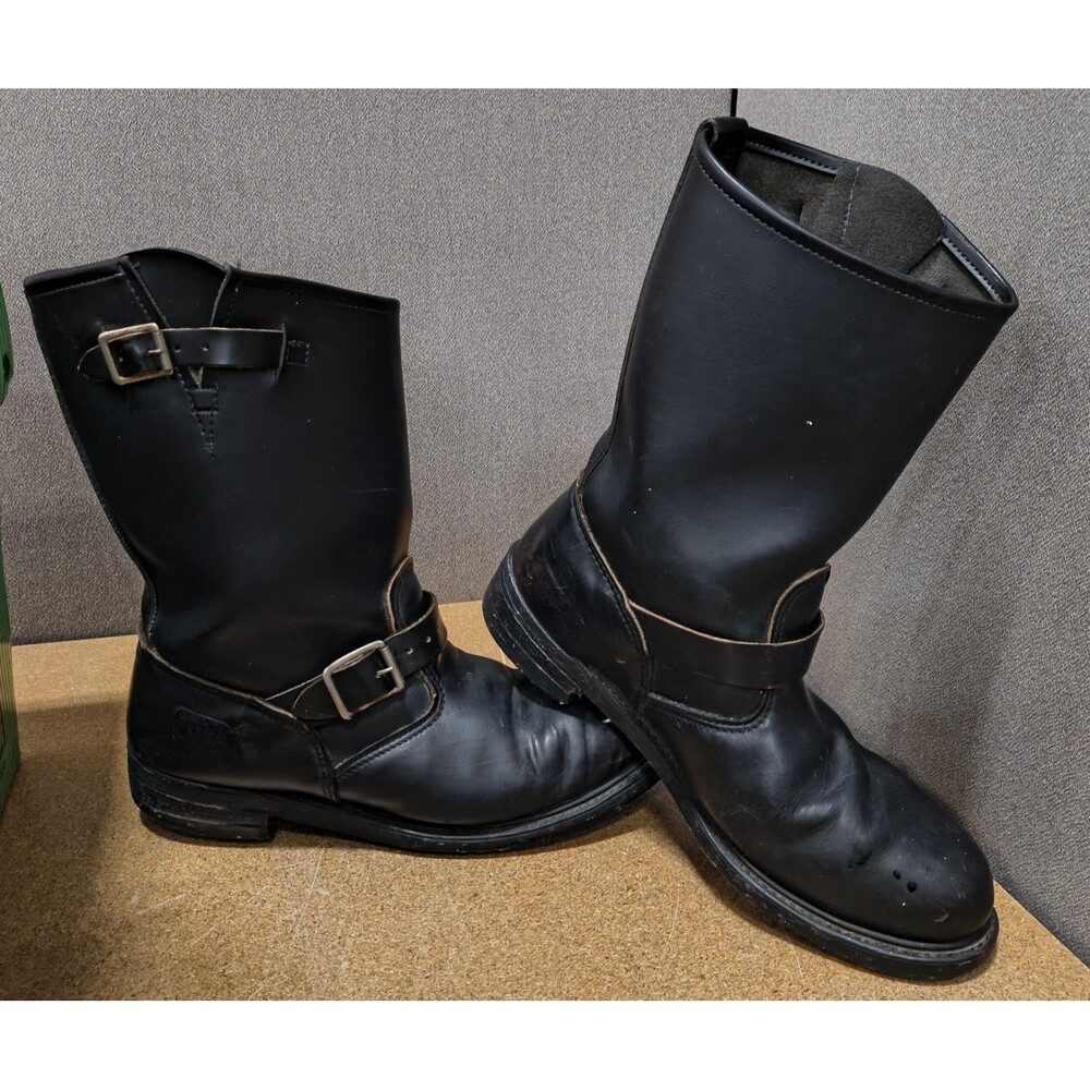 Vintage USA Made Leather Engineer Boots Black Armortred Soles Size 11
